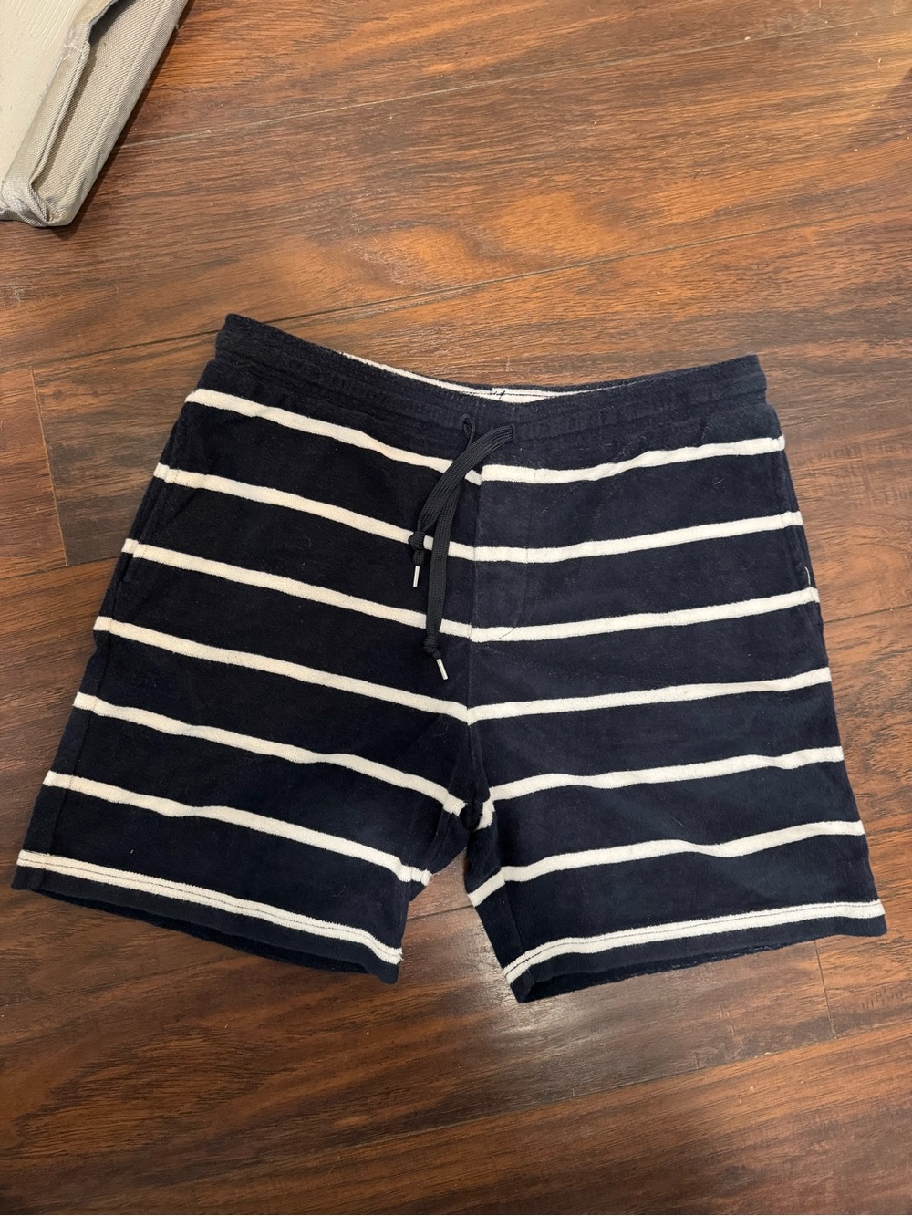 Club Monaco Navy and White Striped Swim Trunks